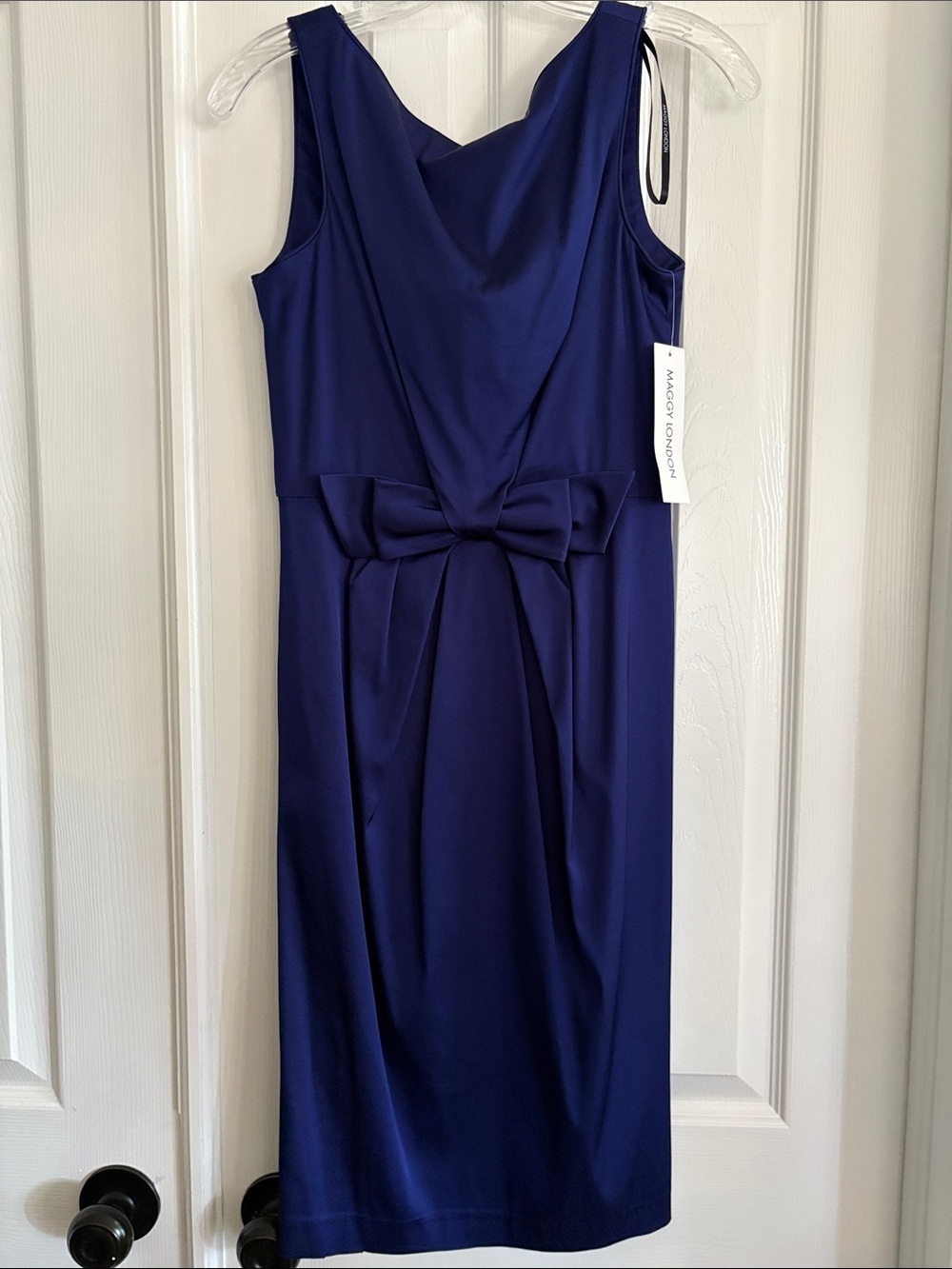 Maggy London Sleeveless Bow Front Midi Dress Navy blue Satin Women’s 4 NWT